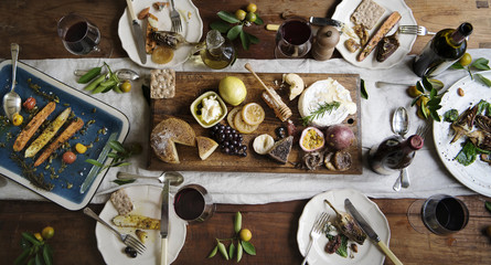 Rustic style dinner with cheese platter