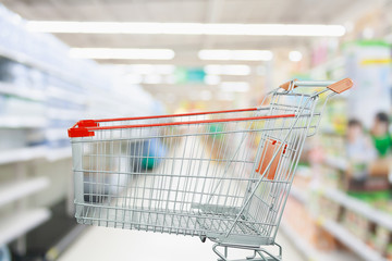 Supermarket aisle with empty shopping cart at grocery store retail business concept