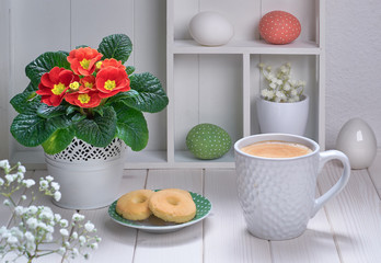 Cup of coffee and cookies on white wooden table with red primrose and spring decorations
