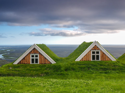 Icelandic turf houses with grass on their roofs in Skaftafell Sel Farm.