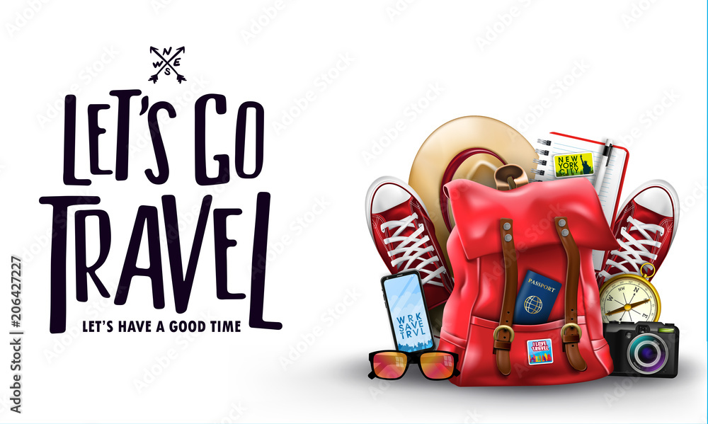 Poster top view travel banner template with space for text including realistic 3d items for travelling like