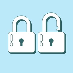 Lock icon in flat style. Lock open and lock closed. Concept password, blocking, security. Lock symbol isolated on colored background.