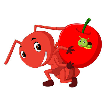 Cartoon ants holding apple and caterpillar inside