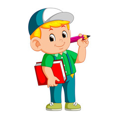 boy holding pencil and carrying book