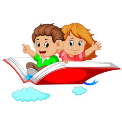 happy kids flying on big open book