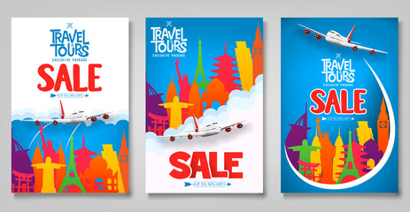 Travel and Tours Sale Promotional Posters Template Set with Colorful World Famous Landmark Icons for Travelling Advertisement Purposes. Vector Illustration
