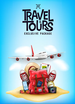 Travel and Tours Poster with 3D Realistic Travel Items Like Airplane, Backpack, Sneakers, Mobile Phone, Passport and Sunglasses in the Sand  Blue Background Poster Design. Vector Illustration

