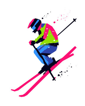 Silhouette of a skier jumping isolated