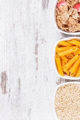 Products and ingredients containing carbohydrates and dietary fiber, healthy nutrition, copy space for text