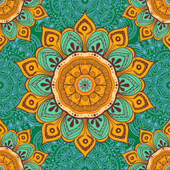 Flower mandala colorful background for cards, prints, textile and coloring books. Seamless pattern