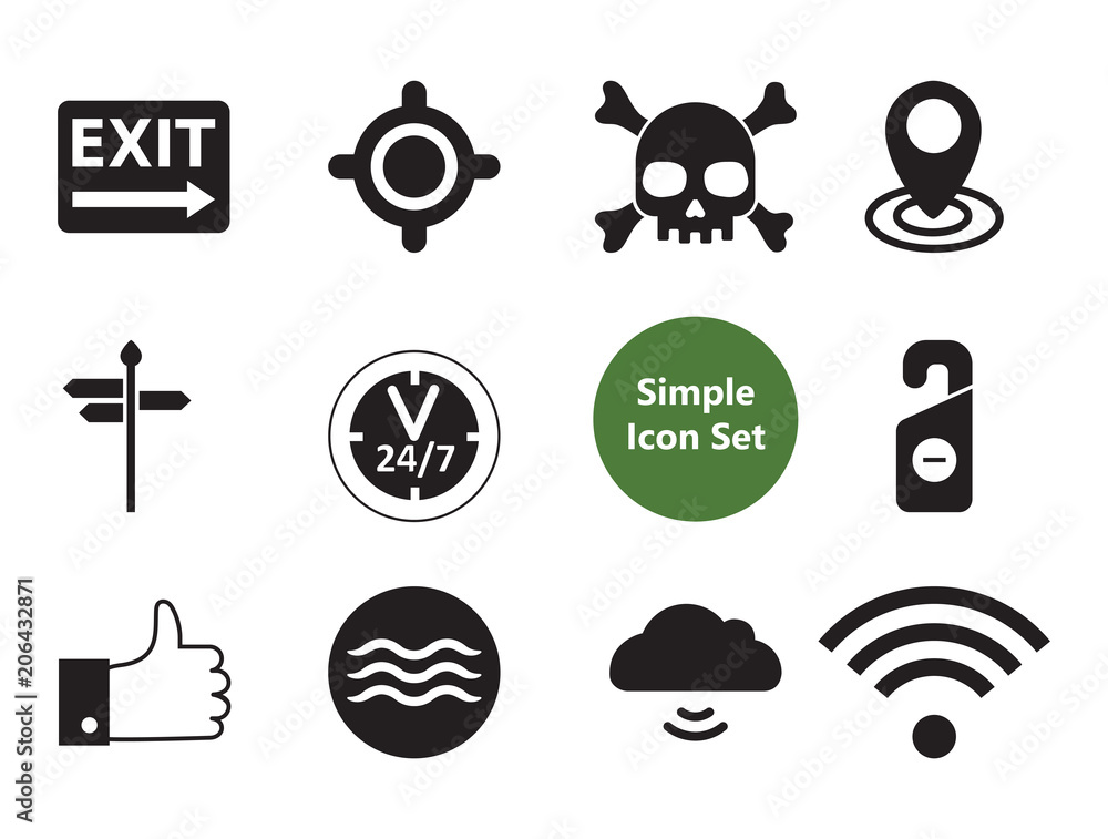 Poster power simple icons set with wi-fi signal, exit sign and power symbol. thirteen vector icons