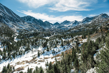 Hiking in the winter in the Little Lakes Valley near Mammoth Lakes California