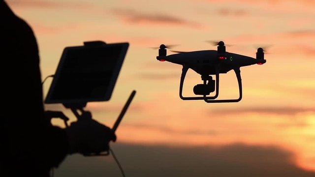 Drone flying at sunset. Slow motion