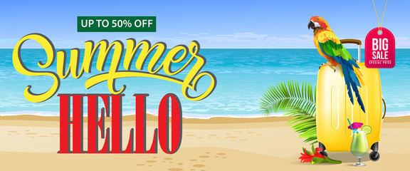 Up to fifty percent off, big sale summer banner design. Fresh cocktail, red flower, yellow travel case, parrot and sand beach. Text can be used for coupons, voucher, posters. © RedlineVector