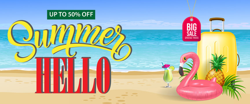 Up to fifty percent off, big sale, summer banner design. Fresh cocktail, pineapple, toy flamingo, yellow travel case and sand beach. Text can be used for coupons, voucher, posters.