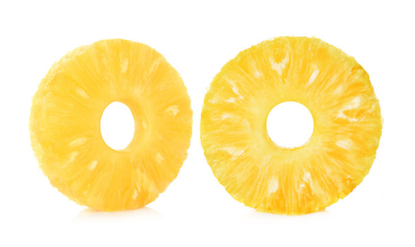 Slices of Fresh pineapple, Donut shapes, Canned pineapple, isolated on white background.