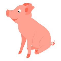 Colorful cartoon happy sitting pig side view