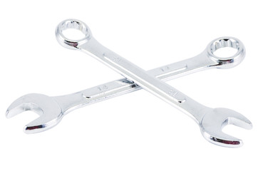 Couple of wrenchs chrome metal spanner instruments isolated over white background,clipping path