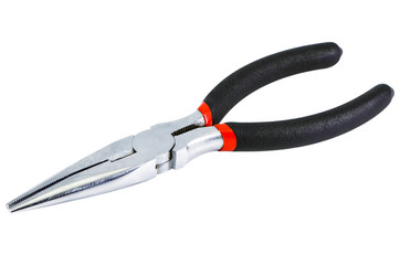 Isolated chrome needle nose pliers with black and red rubber grips,clipping path