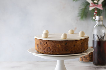 Christmas fruit cake, pudding on plate. Christmas concept. Copy space.