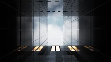 Tiefwinkelansicht von generischen modernen Bürowolkenkratzern, Hochhäusern mit abstrakten geometrischen Glas- und Zementfassaden. Konzepte der Finanzen und des wirtschaftlichen Hintergrunds. 3D-Rendering . © jamesteohart
