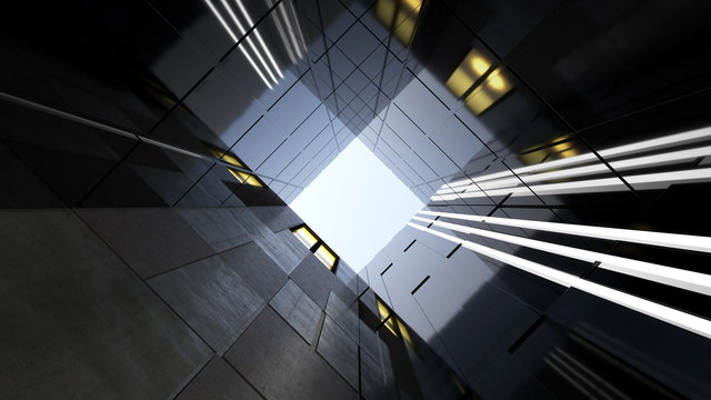 Low angle view of generic modern office skyscrapers ,high rise buildings with abstract geometry glass and cement facades . Concepts of finances and economics background. 3d rendering .