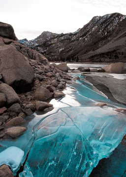 Ice along Lake Sabrina in the winter near Aspendell California