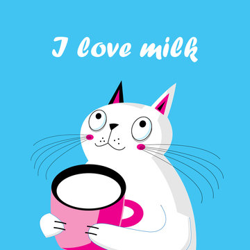 Vector illustration of a funny cat with a Cup of milk