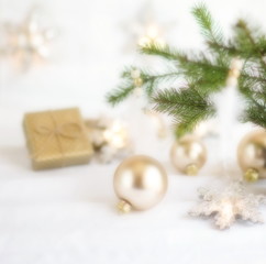 Blure effect Christmas background. Xmas composition of New Year's Christmas balls. Winter holiday concept.