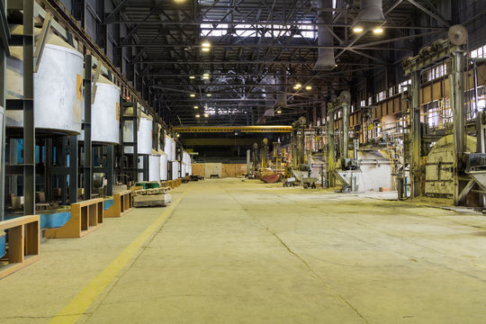 Interior optical glass factory, workshop with blast furnaces