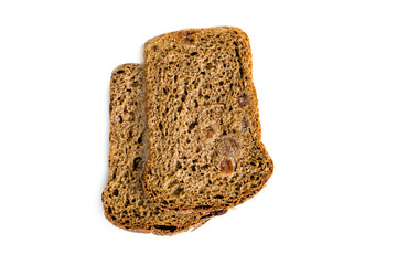  Handmade wheat bread, traditional rye sourdough bread, bread with raisins and oat flakes, close-up, isolated on white background, healthy food