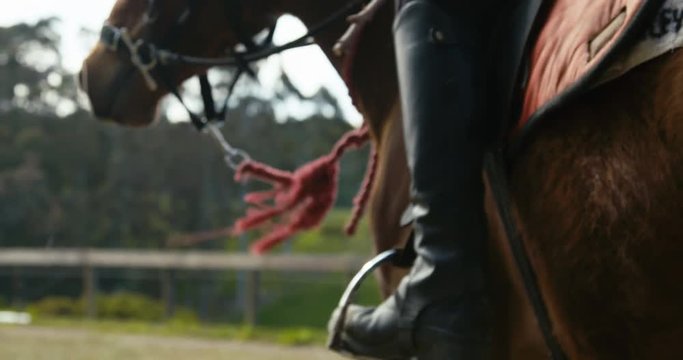 Spurring a horse to walk with black boots