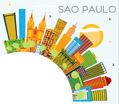 Sao Paulo Brazil City Skyline with Color Buildings, Blue Sky and Copy Space.