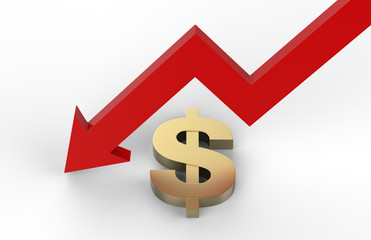 Decrease in dollar value concept, golden dollar sign with a declining arrow, 3d illustration