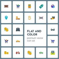 Fototapeta premium Modern Simple Set of transports, clothes, money, shopping Vector flat Icons. Contains such Icons as motorbike, side, customer, coupon, car and more on grey background. Fully Editable. Pixel Perfect