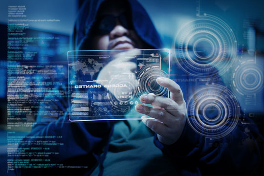 Hacker using clear tablet with HUD panel and code graph bar data analytsis element for cyber technology concept, dark and grain process, shallow depth of field select focus on hands - Powered by Adobe