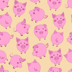 Seamless pattern with cute cartoon pink pigs on yellow background.