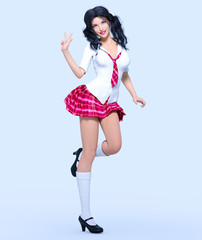 3D beautiful young attractive girl school uniform.White blouse, red short skirt cage.Woman studio photography. High heel. Conceptual fashion art. Seductive candid pose. Realistic render illustration