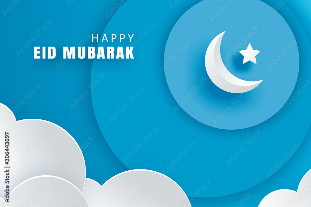 Wall mural Happy Eid Mubarak greeting card with with crescent moon paper art background. Ramadan Kareem vector illustration. Use for banner, poster, flyer, brochure sale template.