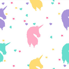 Hand drawn colorful unicorn seamless pattern with stars and hearts. Isolated vector on a white background. Cute magic fantasy wallpaper.
