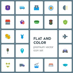 Obraz premium Modern Simple Set of transports, clothes, money, shopping Vector flat Icons. Contains such Icons as transportation, pin, shorts, transport and more on grey background. Fully Editable. Pixel Perfect