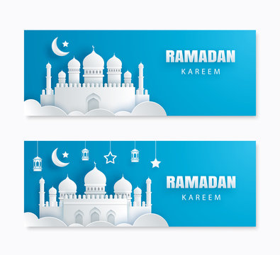 Ramadan Kareem greeting card with crescent moon paper art background. Eid Mubarak banner template. Use for invitations, sale, poster, flyer, brochure, vector illustration.