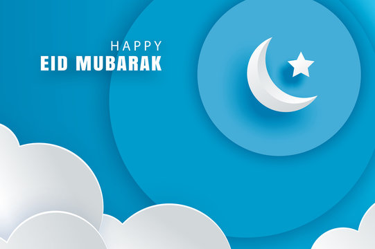 Happy Eid Mubarak greeting card with with crescent moon paper art background. Ramadan Kareem vector illustration. Use for banner, poster, flyer, brochure sale template.