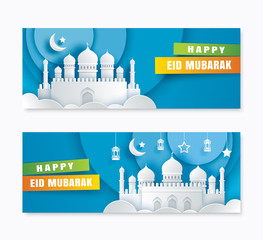 Happy Eid Mubarak greeting card with mosque and crescent moon paper art background. Ramadan Kareem vector illustration. Use for banner, poster, flyer, brochure sale template. © kaisorn