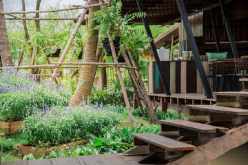 shelter made from wood on water with flower and green environment
