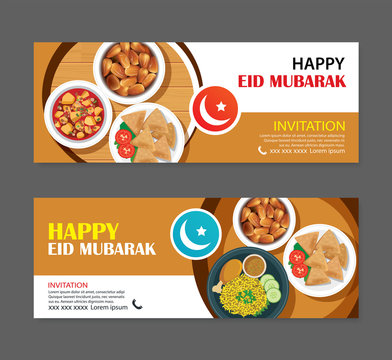 Eid Mubarak party invitations greeting card and banner with food background. Ramadan Kareem vector illustration. Use for cover, poster, flyer, brochure, label, sale template.