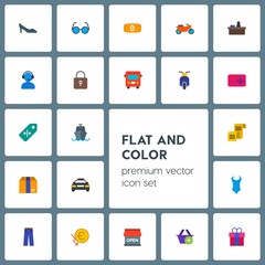 Fototapeta premium Modern Simple Set of transports, clothes, money, shopping Vector flat Icons. Contains such Icons as high, police, car, ocean, ship, graph and more on grey background. Fully Editable. Pixel Perfect