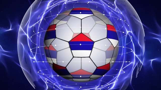 Soccer Ball and RUSSIA Flag in Blue Abstract Particles Ring, Animation, Background, Loop, 4k
