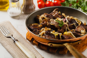 Fried chicken liver with onions.