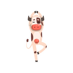 Cow standing in tree pose, funny farm animal cartoon character practicing yoga vector Illustration on a white background